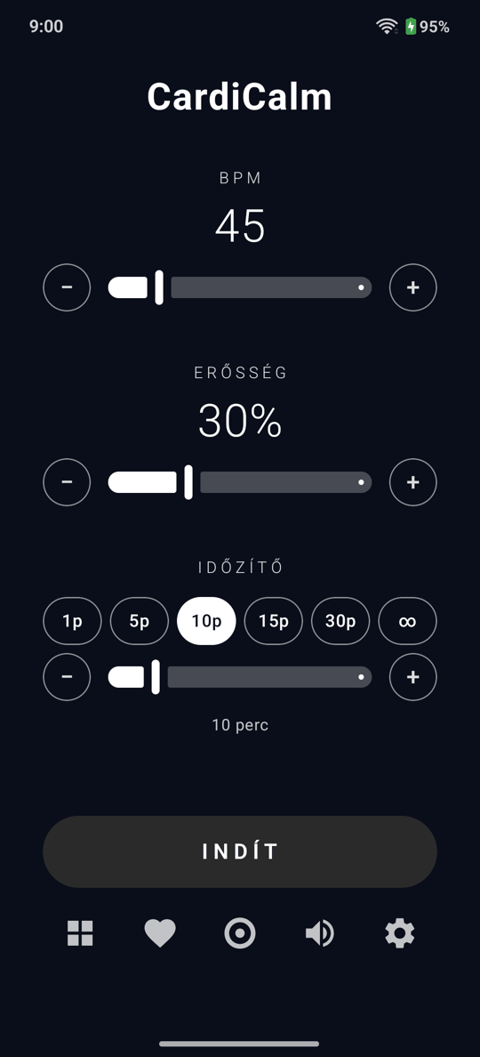 A CardiCalm főképernyője: 45 BPM tempó, 30% erősség és 10 perces időzítő